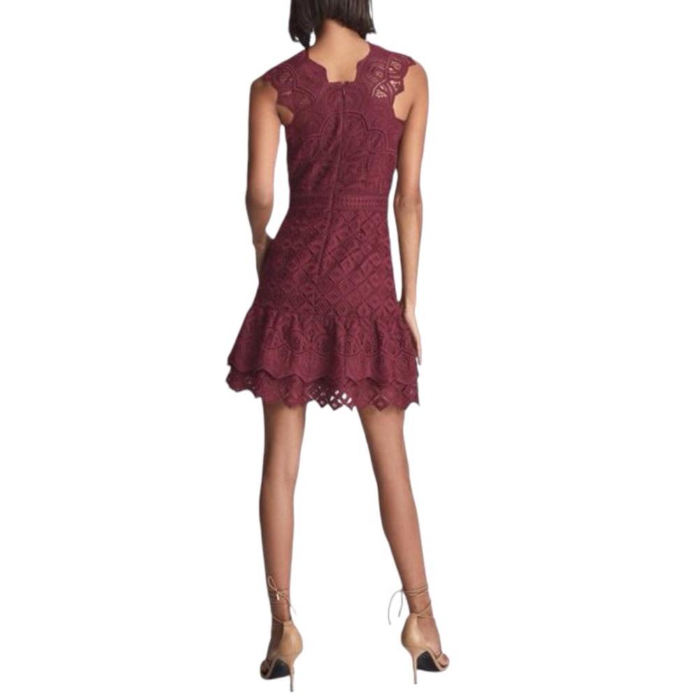 Reiss Burgundy Color Lace Delilah Ruffled Mini Dress Size 6 - Picture 3 of 11
